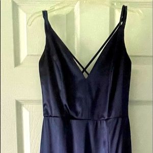 Windsor Spaghetti Strap Navy Blue Long Gown with sequins above slit in leg.